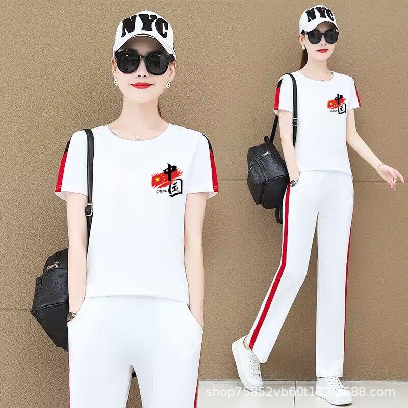 Trendy Chinese printed short-sleeve straight-leg pants, dance square set, summer sports temperament, slimming, comfortable, and trendy