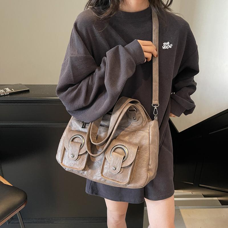 Myk skinn tote bag dame retro multifunksjonell skulderveske håndveske