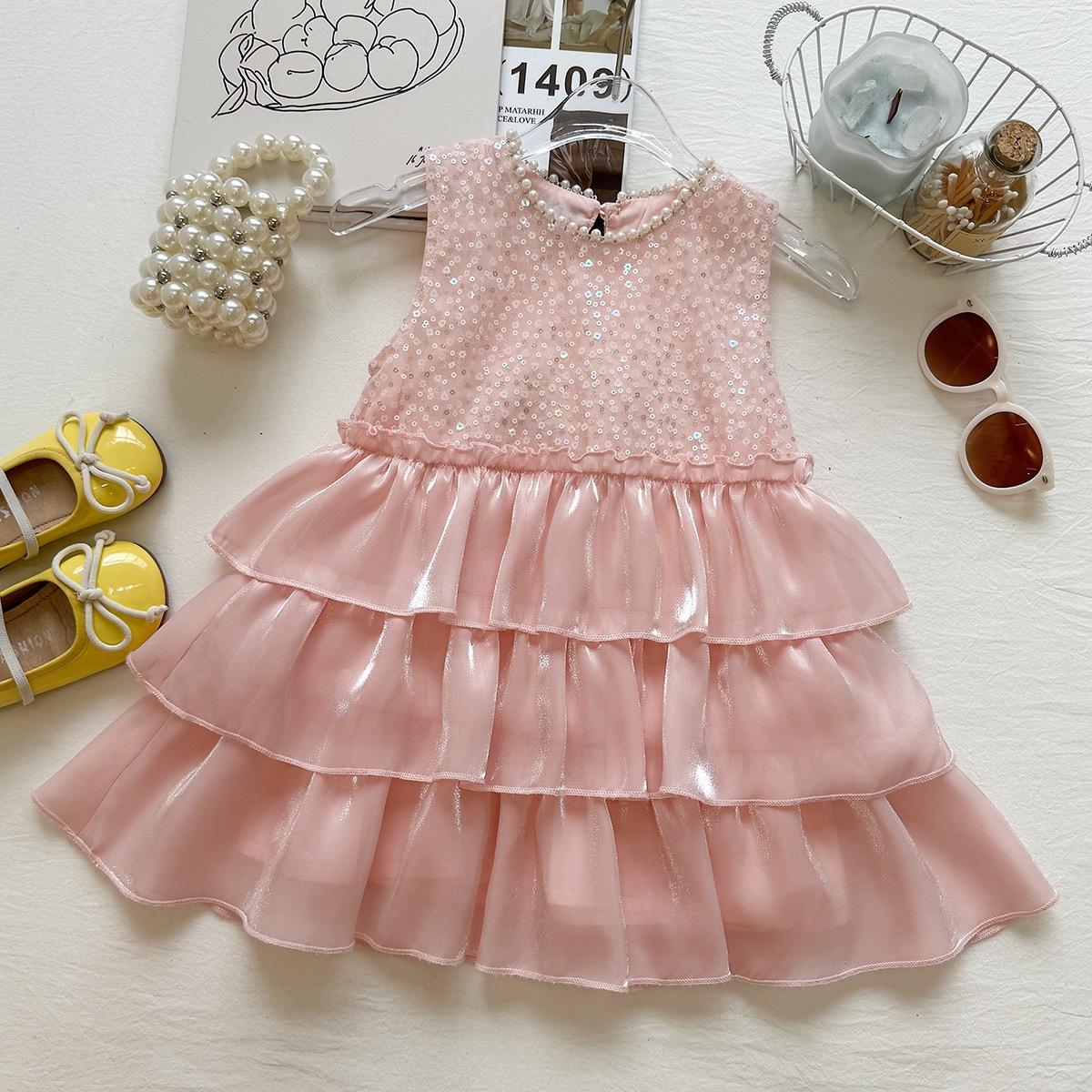 Girls Summer Sleeveless Beaded Sequin Cake Dress Princess Party Dress For Kids 90cm