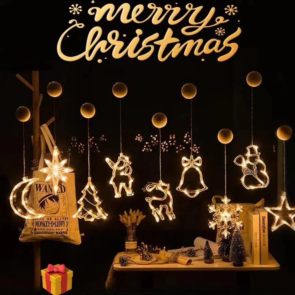 1-20PCS LED Christmas Suction Cup Lights Fawn Bell Pine Tree Star Father Christmas Window Wall Lights Holiday Decoration Lights
