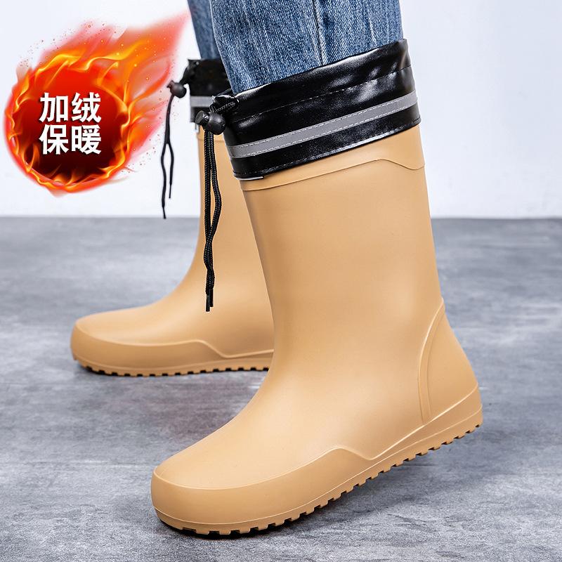 Water shoes high-end medium tube flat-soled rain shoes men's waterproof elastic bundle fixed cotton lint rain boots waterproof rubber shoes