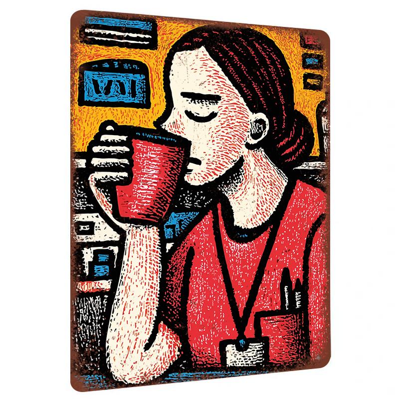 

Vintage Hand Drawn Girl Coffee Time Metal Wall Art Decorative Hanging Painting for Living Room Bedroom 20x30cm（7.8x11.8inch）