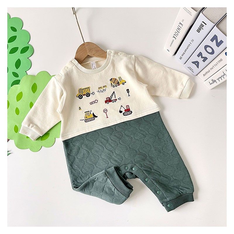 Construction Vehicle-Themed Thickened Baby Romper for Boys, Warm Air Layer Jumpsuit, Size 70-80, Soft and Warm