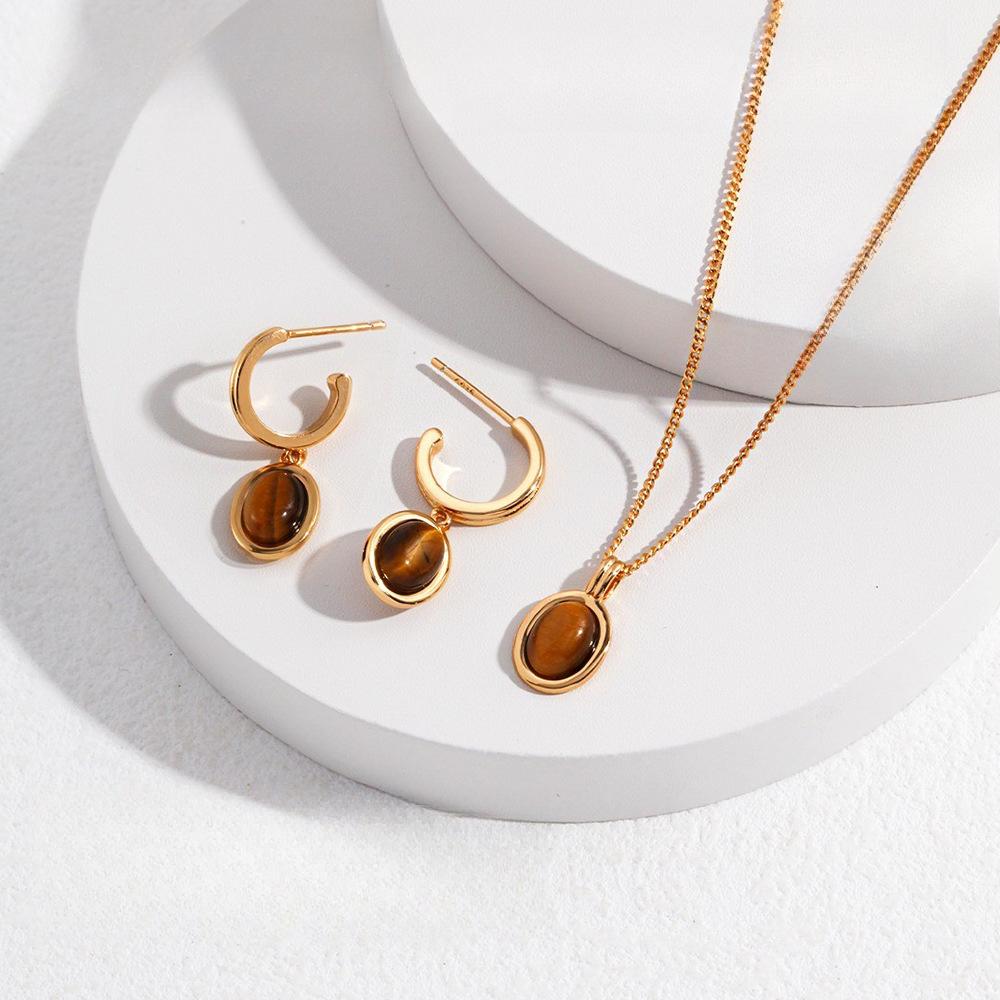 Autumn and Winter Light Luxury Tiger's Eye Stone Oval Earrings Maillard Black Agate Earrings Women's Niche Titanium Steel Jewelry