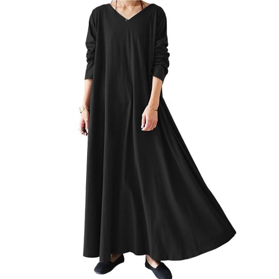 Autumn Winter Women Long Dress Solid Color V Neck Long Sleeves Streetwear