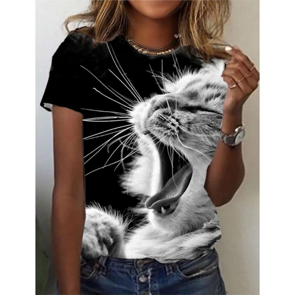 Fashion Women's T-shirt 3D Printed Kawaii Cat Pattern Short Sleeved Round Neck Top Summer Outdoor Casual Street Simple Clothing