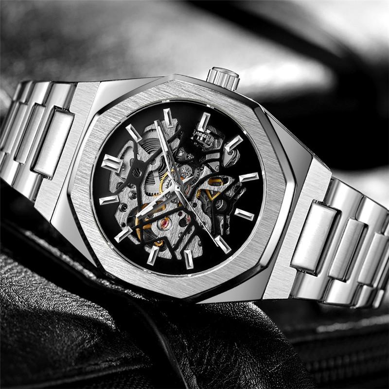 Fashion Forsining Top Brand Automatic Mechanical Men Full Steel Military Army Sport Male Clock Luxury Silver Skeleton Man Watch