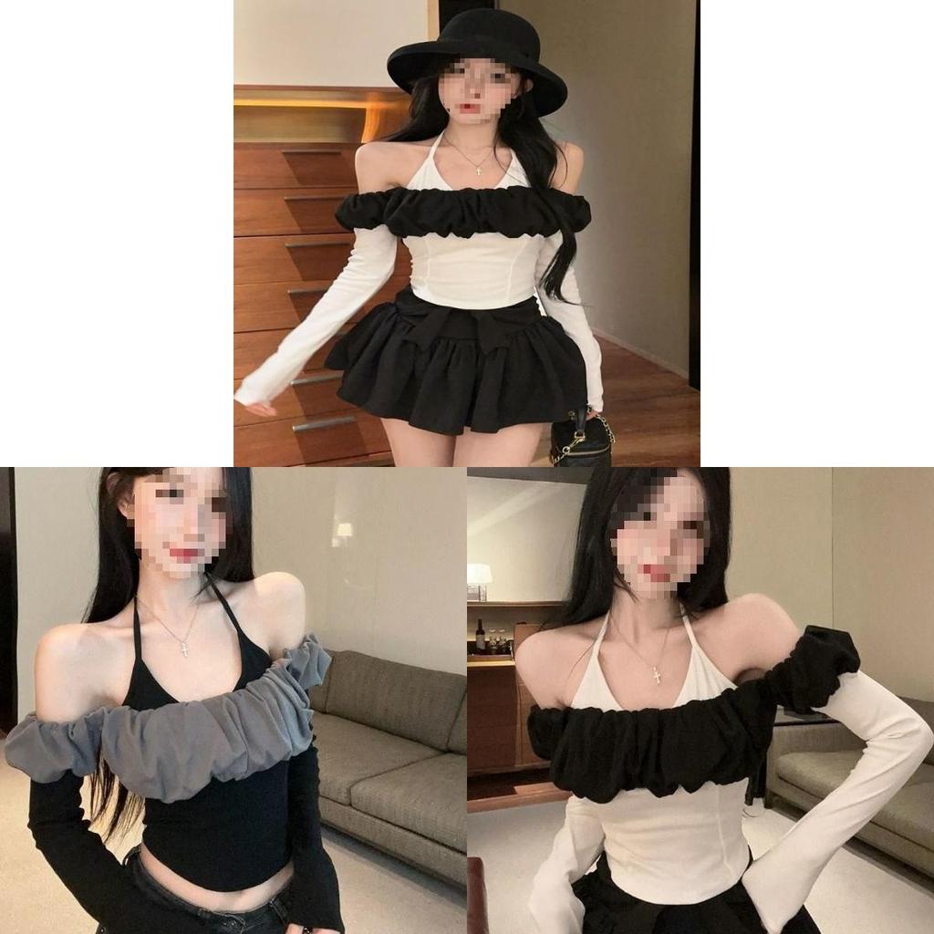 Private Style Oversize Oneshoulder Blouse With Color Block Ruffle For Autumn Wear