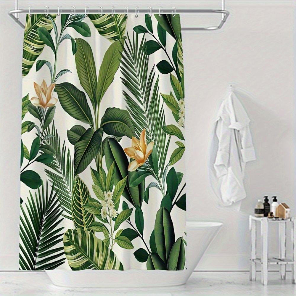 1pc Tropical Leaf Print Shower Curtain - Privacy Bathroom Barrier & Home Decor with Hooks, All-Season Polyester Fabric