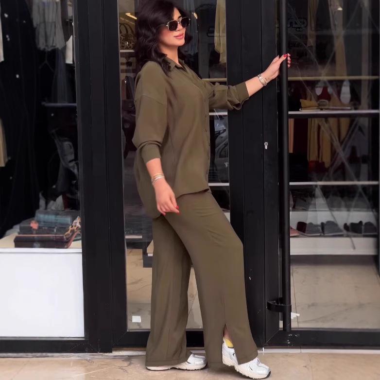 2025 Fall Western Fashion Long Sleeve Shirt & High Waist Pants Two-Piece Set for Women