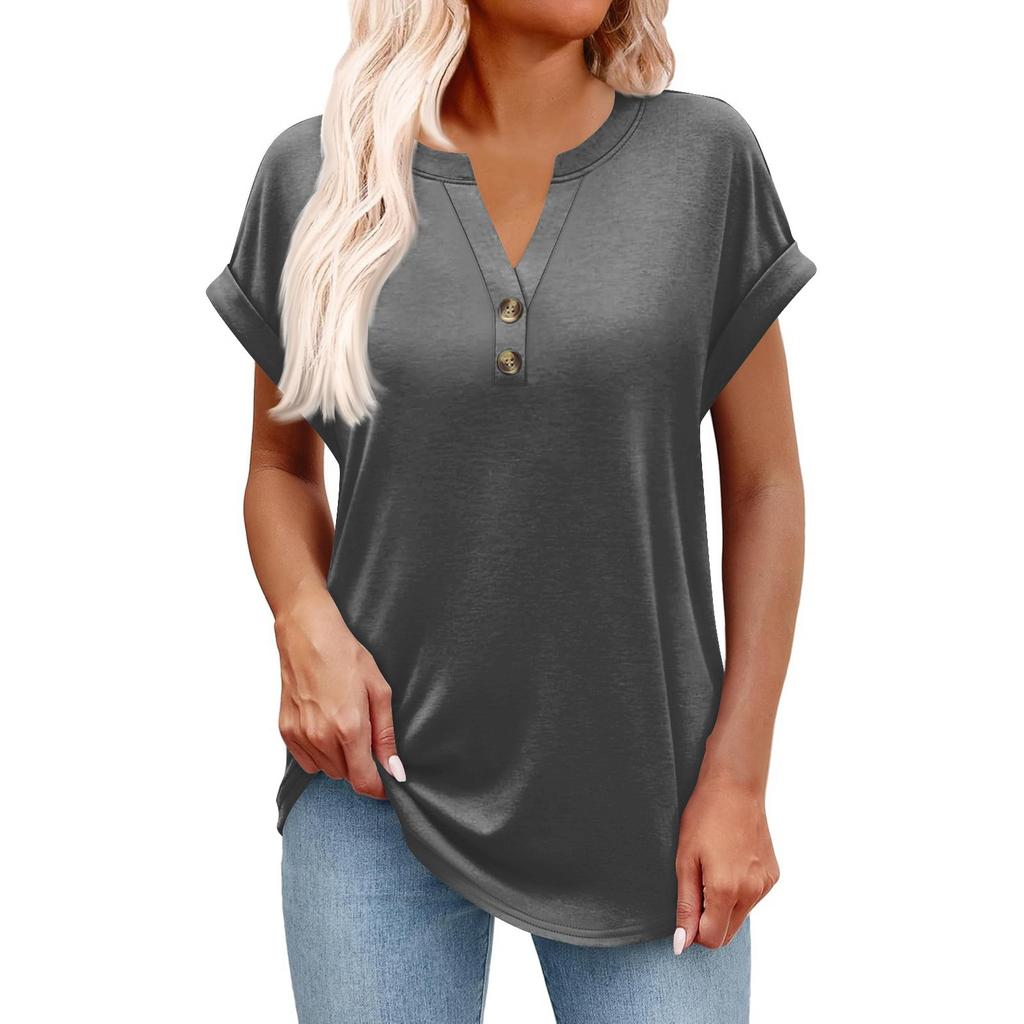 Women's Fashionable Casual Short-sleeved V-neck Button Printed Pullover Top