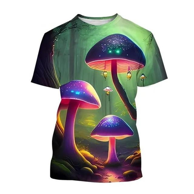 Neutrales T-Shirt mit 3D-Pilzdruck, Pflanzenmuster, Rundhalsausschnitt, kurzärmlig, Waldmode, lässiges Oberteil, hochwertige Kleidung, 6XL