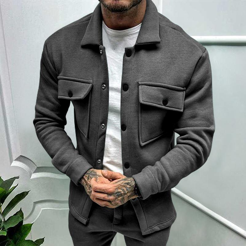 Men's Knitted Shacket Jacket Solid Black Lapel Cardigan with Double Chest Pockets Slim Fit Casual Coat for Men