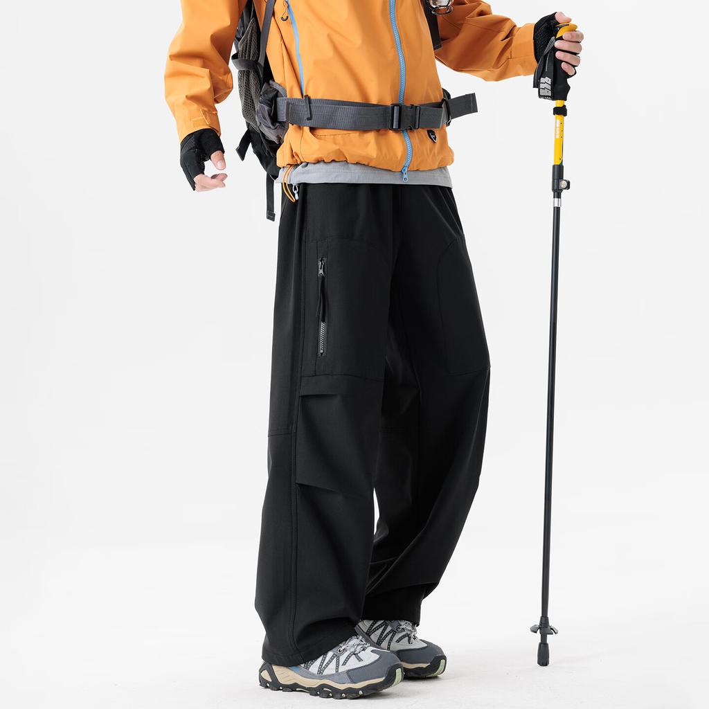 CLOR Men's Hiking Softshell Tactical Pants Autumn Winter Loose Wide Leg Multi-Pocket Paratrooper Straight Work Pants CL110 Black 4XL