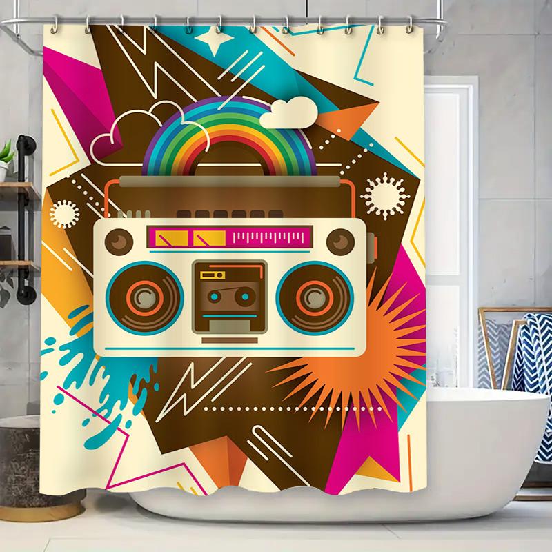 Retro Boombox Shower Curtain Multicolored Music Retro Home Decor Bathroom Set for Kids Gift