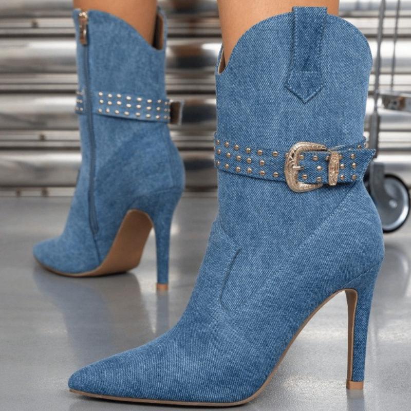 Fashion Fashion Denim Belt Buckle Pointed Toe Women Ankle Boots Shoes Sexy Thin High Heels Party Prom Zipper Botas Para Mujer