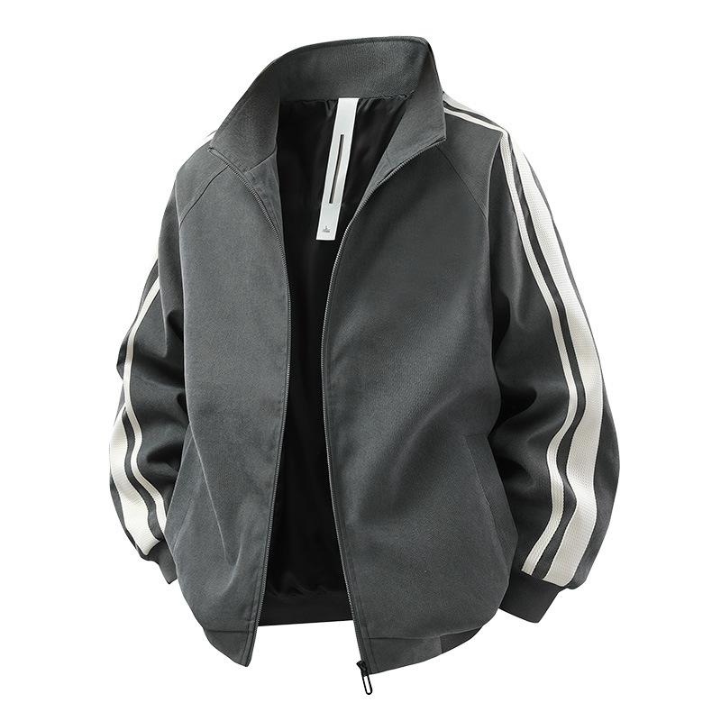 

Men s Spring and Autumn New Stand Collar Top American Loose Contrast Stripe Windproof Waterproof Charge Jacket M