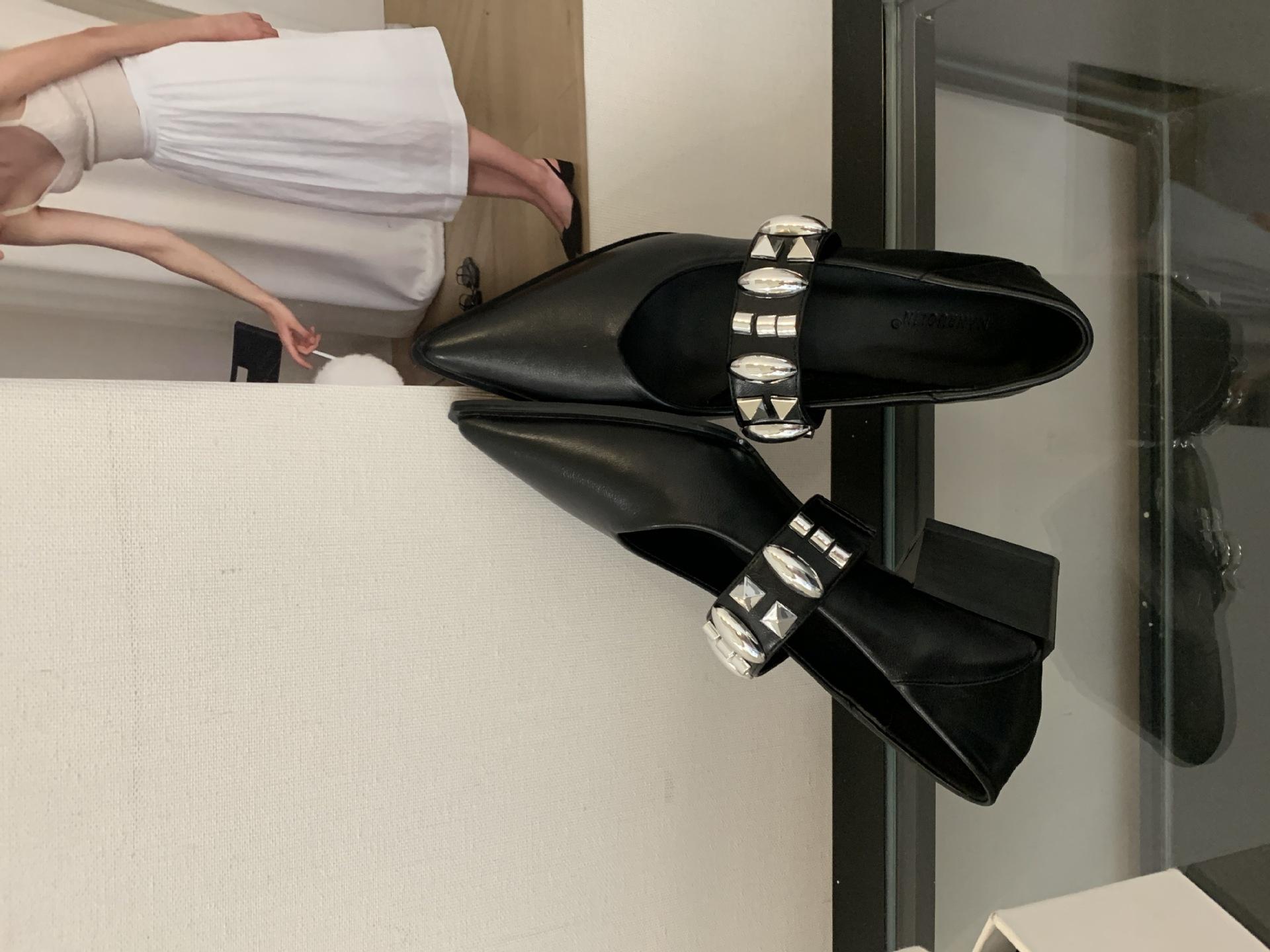 

2025 autumn pointed temperament high heels women s pointed black single shoes rhinestone one-word buckle shallow mouth Mary Jane shoes 35