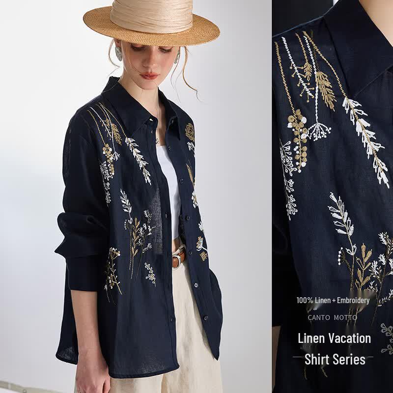 Wudao Women s 100% Linen Embroidered Lapel Relaxed Fit Long Sleeve Shirt XL