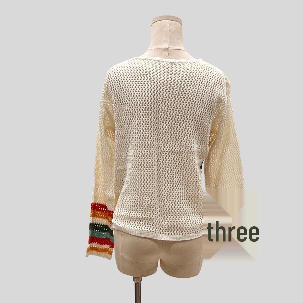 Ethnic Retro Crochet Rainbow Cardigan: Handmade Color Block Long Sleeve Knit Top