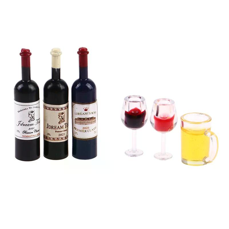 5Pcs 1:12 Dollhouse Miniature Wine Cup Beer Mug Wine Bottle Model Furniture Accessories For Doll House Decor Toy