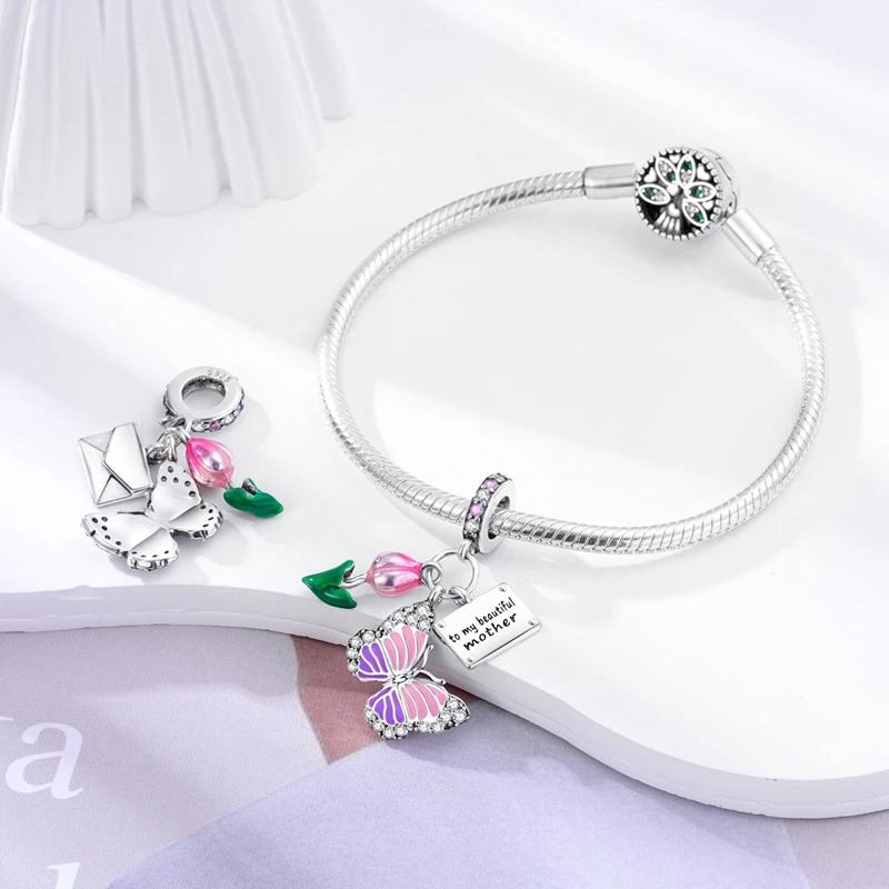 Přívěsky Měděně-Růžovo-Fialový Tulipán Motýl Korálky Pasují na Přívěsky Plataoriginal Náramek Korálky Ženy Šperky Výroba