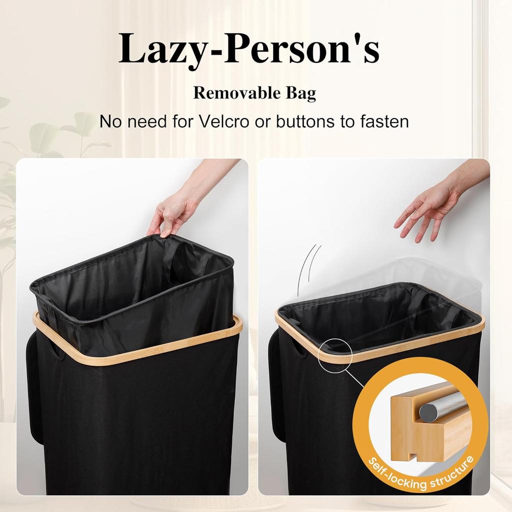 Large Laundry Hamper, 100L Waterproof Laundry Basket with Lid and Removable Bag, Collapsible Tall Clothes Hamper with Bamboo Handles for Clothes Toys