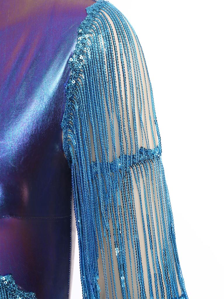 Womens Metallic Shiny Club Bodysuit Tiered Sequin Tassel Mesh Long Sleeve Dance Jumpsuit
