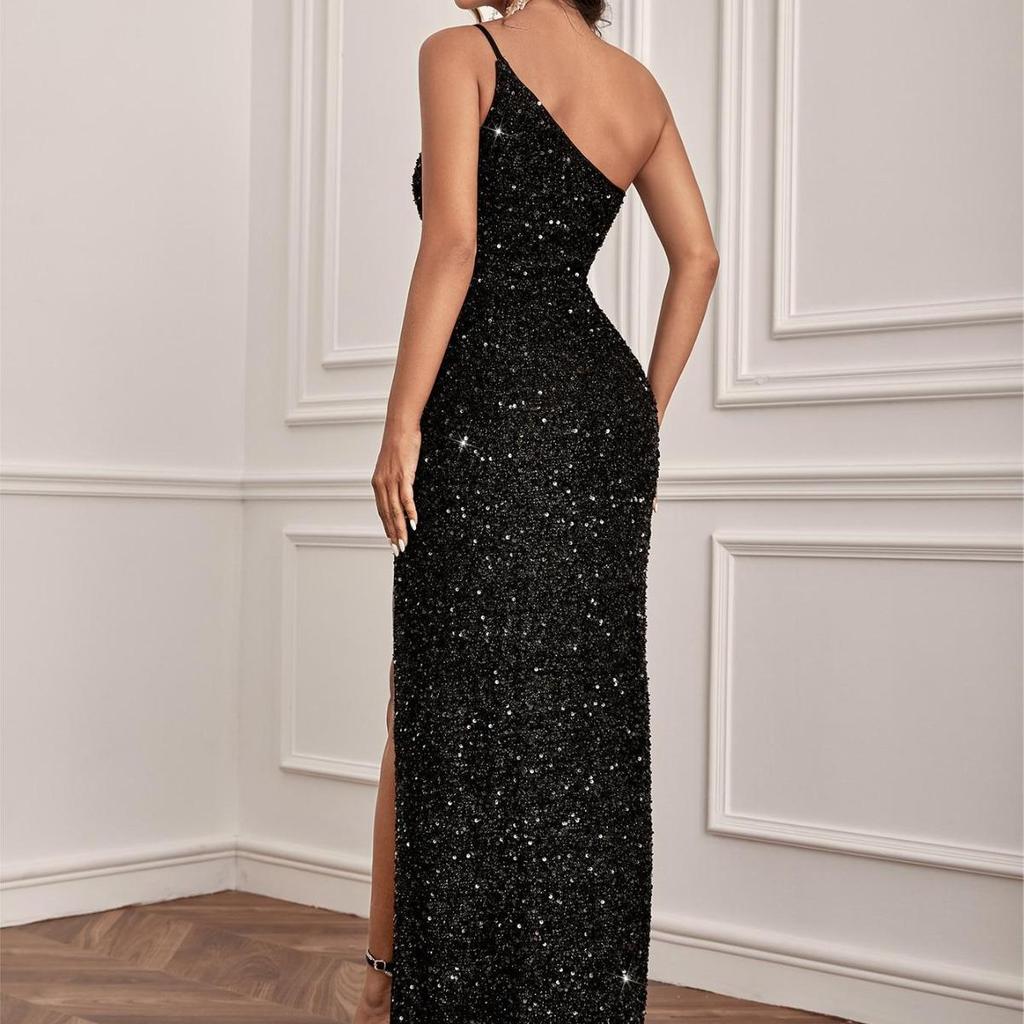 One-Shoulder Spaghetti Strap Sequin Evening Dress with Slit - Sexy Backless Design for Prom, Parties & Bridesmaids
