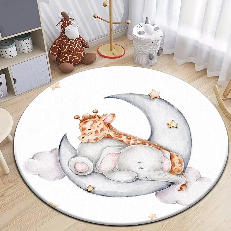 Cartoon Cute Little Bear Animals Round Carpet for Living Room Decor Kid's Bedroom Play Floor Mat Anti-Slip Camping Picnic Mats