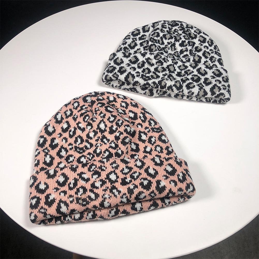 Women Leopard Print Woolen Knitted Cap Retro Autumn Winter Warm Cap Hat