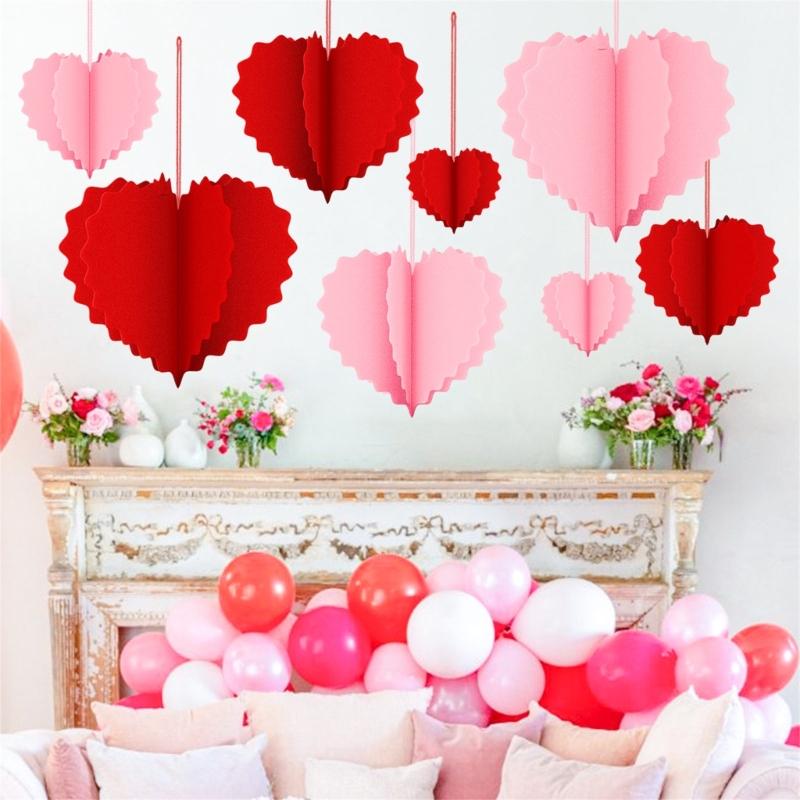 8Pcs Valentine's Day Heart Decoration Foldable Paper Heart Shape Ornament Easy Assembly for Wedding Party Decoration