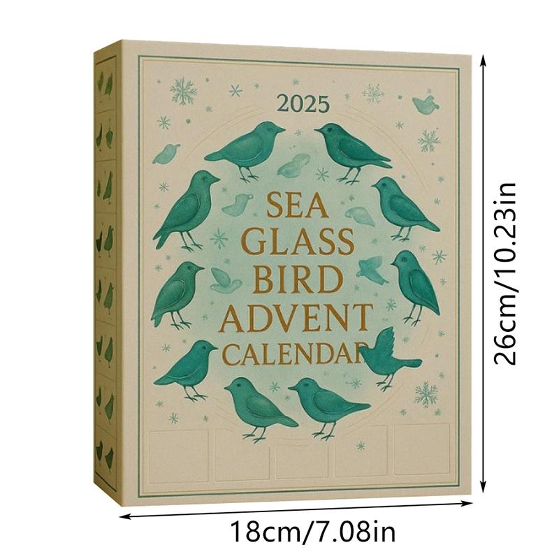 Seeglas Vogel Adventskalender 2025, 24-Tage Küstenweihnachts-Countdown mit Seeglas-Ornamenten, Einzigartige Feiertagsdekoration & Geschenk