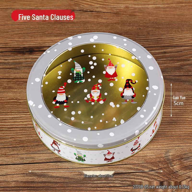 Vánoční kreslená plechová krabička: Kulatá průhledná nádoba na sušenky a cukroví pro dětské sladkosti