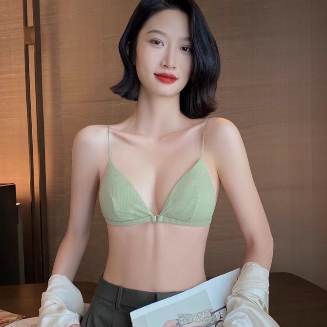 Women's Sexy French Triangle Cup Front Closure Bra Set with Thin Straps and Beautiful Back Design