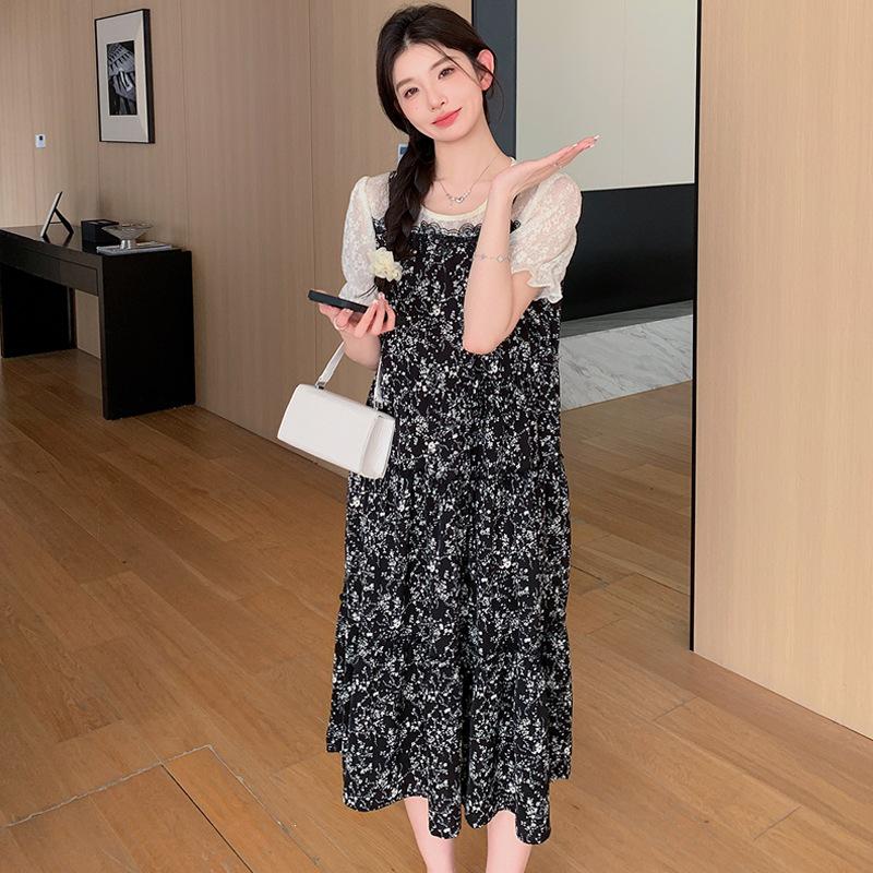 2026 Summer Sweet Floral Patchwork Lace Belted Dress for Breastfeeding Extra Large