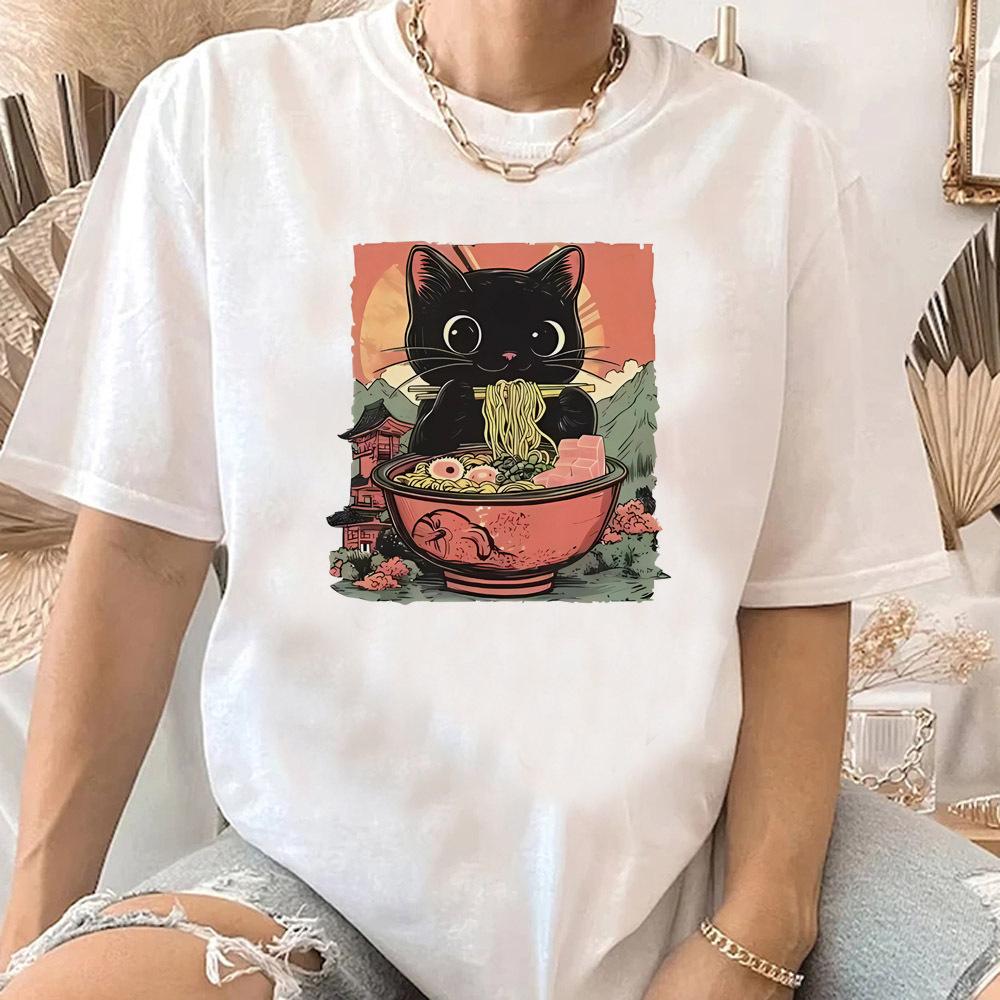 Nudel Ramen Katze Shirt Teen Popkultur Grafik Bequem Gothic Vintage Klassisch T-Shirt Damen 80er Bequem 2000er kawaii