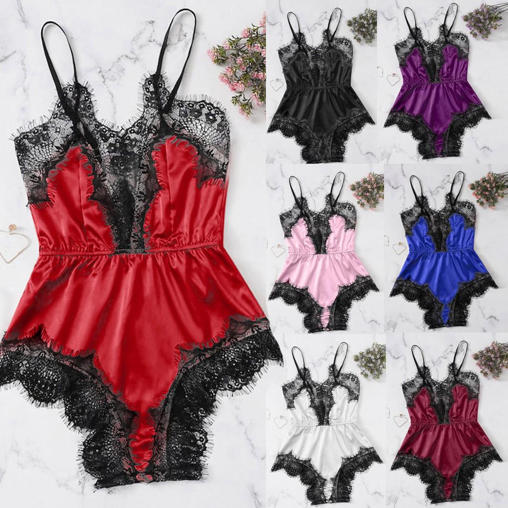 Women Satin Lace Bra Sexy Lingerie Underpant Siamese Sleepwear Bodysuit Babydoll