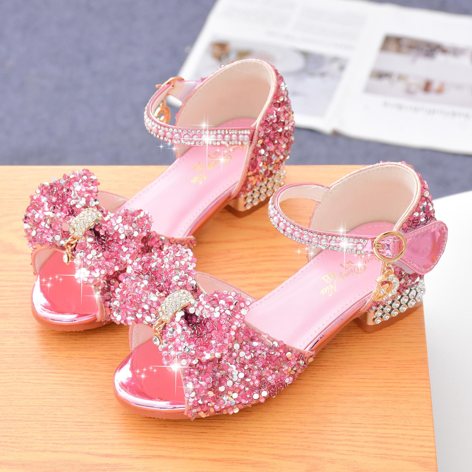 

Children s Sandals Summer New Kids Crystal Bowknot Girls High Heels Soft Soled White Princess Wedding Performance Shoes 38 insole 23.5cm рожевий
