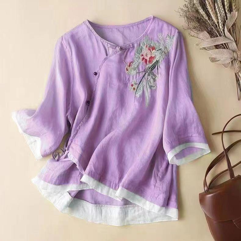 Ethnic Style Plate Buckle Embroidered Five-point Sleeve Shirt Oblique Placket Ladies Shirt