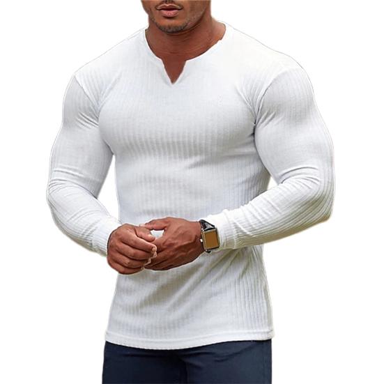 Men T-shirt Solid Color Ribbed Long Sleeve V Neck Streetwear Autumn Winter Bottoming Shirt Tee Shirt Men Clothing