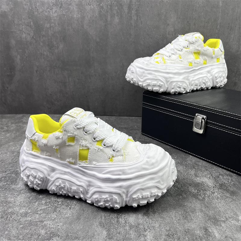 Letnie nowe wygodne i oddychające buty sportowe na grubej podeszwie z postrzępionego materiału codzienne buty typu "dad shoes" gl