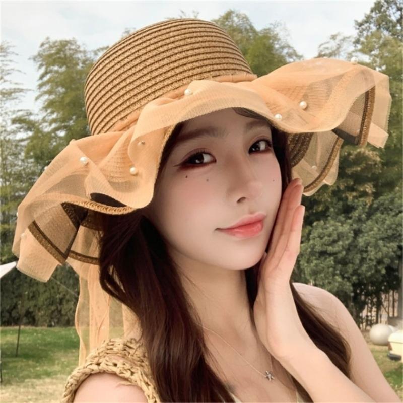 Elegant Sun Hat For Women Paper Straw Breathable And Foldable Lace Bowknot Wide Brims Panama Hat for Camping Travel