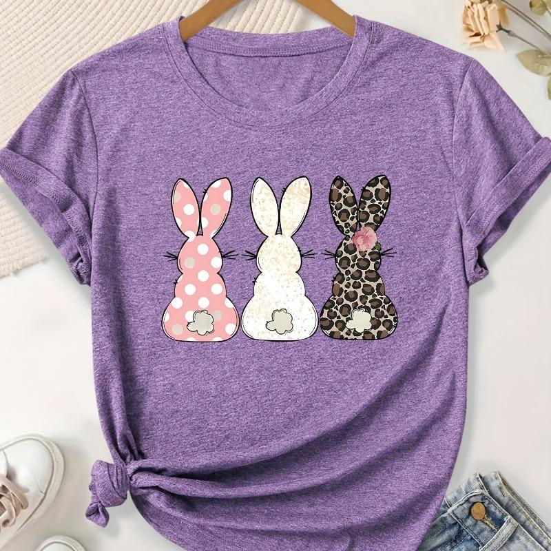 Ladies  casual cute leopard print colored rabbit ear series English letter printed round neck short sleeved T-shirt, suitable for spring and summer S