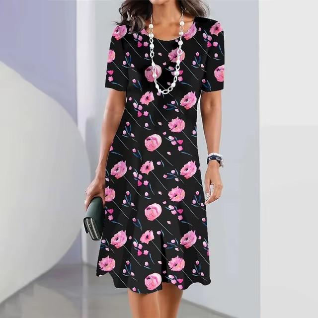Elegant Women Short Sleeve Fashion 3d Print Midi Dress Plus Size Beach Clothing