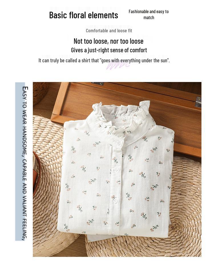 Soft Cotton Floral Print Long Sleeve Shirt with Ruffled Collar