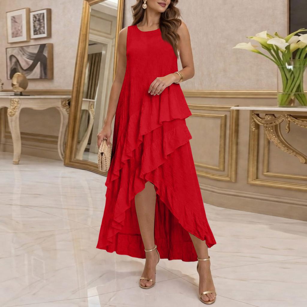 Damen Freizeitkleid mit unregelmäßigem Rüschensaum für den Urlaub - Ärmellos