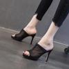 Mesh Slippers Women's Hollow Summer 2025 New Temperament Thin Heel Waterproof Table Fish Mouth Shoes Rhinestone High Heel Sandals