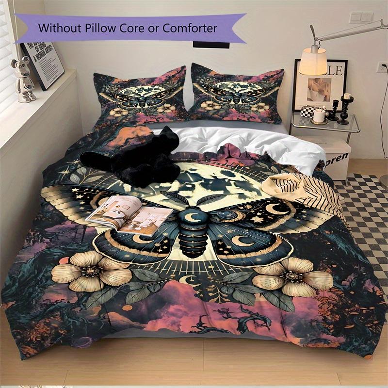 3pcs Celestial Moth Print Bedding Set, Breathable And Soft, Suitable for All Seasons Machine Washable, Suitable for Bedroom Decoration,yy250822161