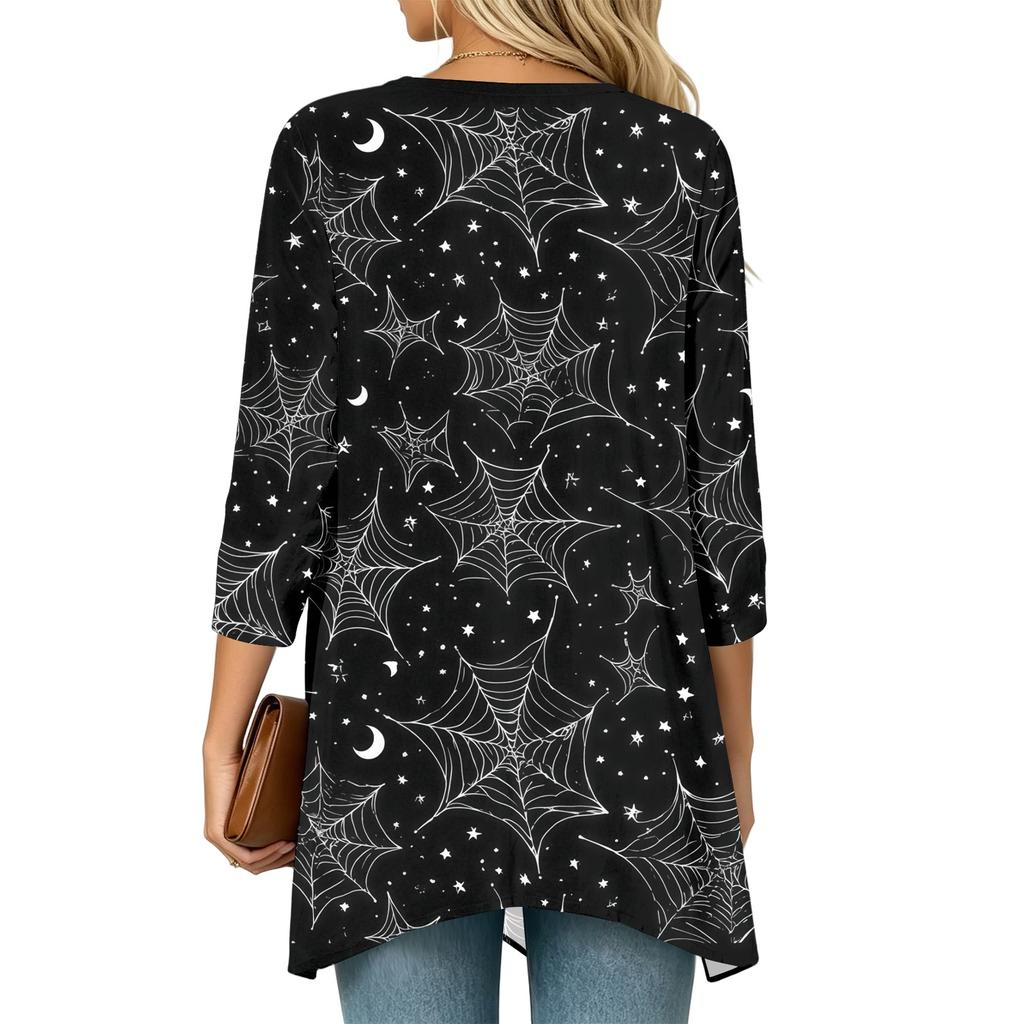 Women's Halloween Print 3/4 Sleeve Lightweight Loose Fit Cardigan for Casual Wear
